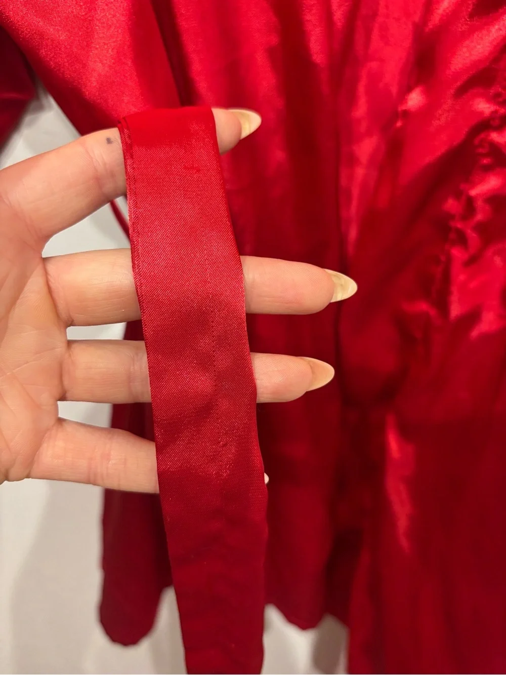Frederick's of Hollywood Red Satin Robe with Black Lace Cuffs